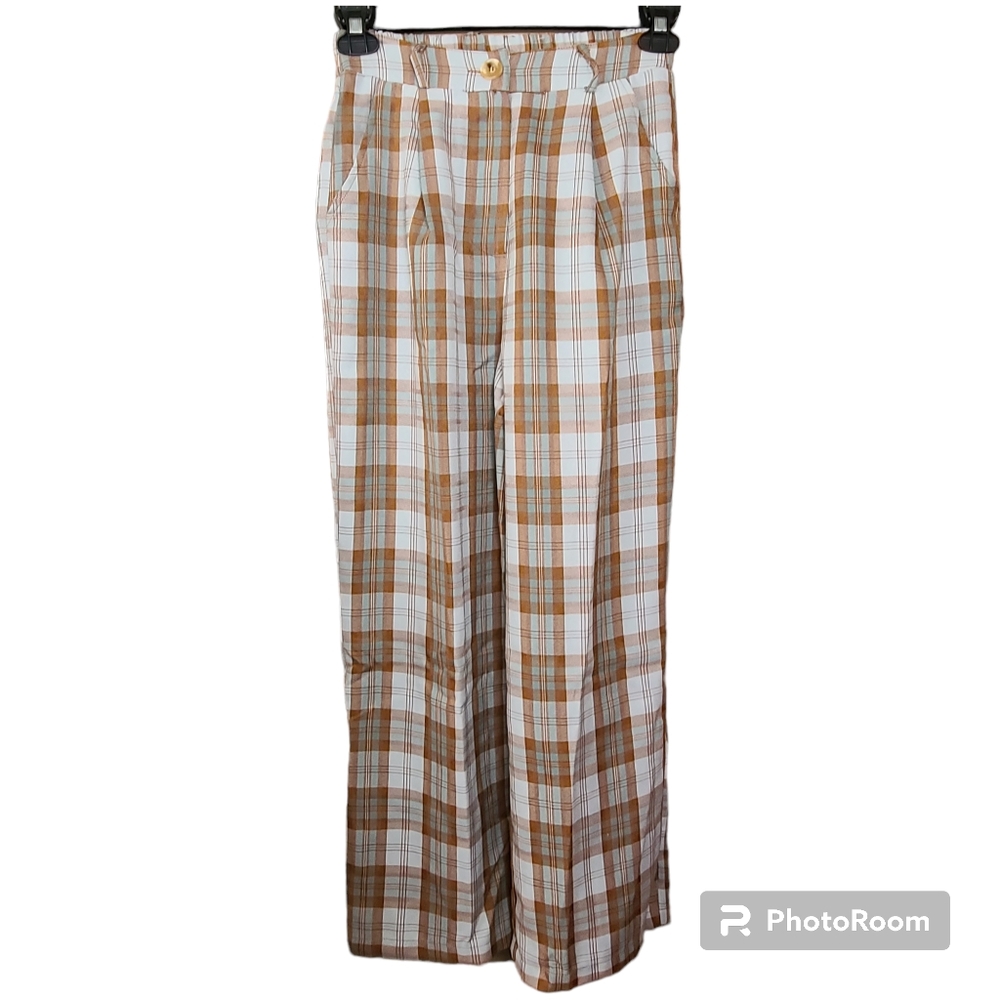 NWT Listicle Size Small Sky Blue Brown Plaid Pleated Wide Leg Trouser Pants - Picture 2 of 16